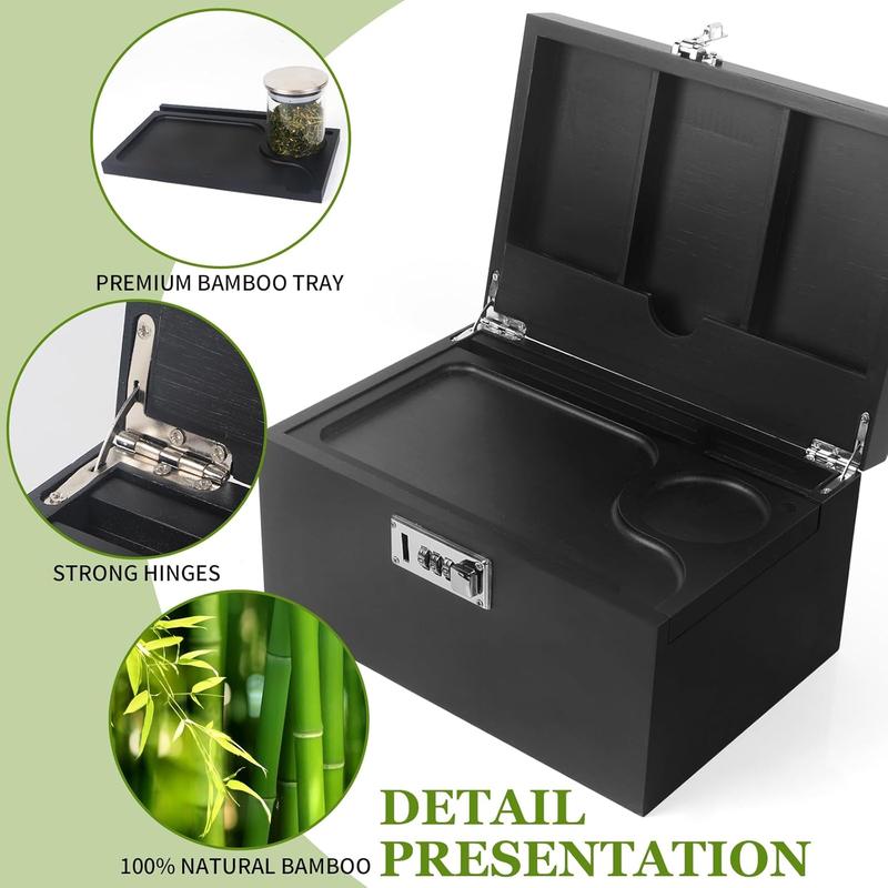 Large Black Bamboo Box with Combination Lock, Decorative Storage Box with Detachable Compartment, Wooden Box with Alright Jars & Brushes & Storage Tubes as Great Gift Choice.