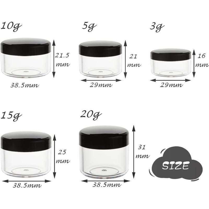 10pack Small Travel Containers, Black Sample Containers with Screw Lids, 5 Size 3 5 10 15 20 Gram Sample Jars with 12pack Labels and 2pack Mini Disposable Spatula, Makeup Sample Containers