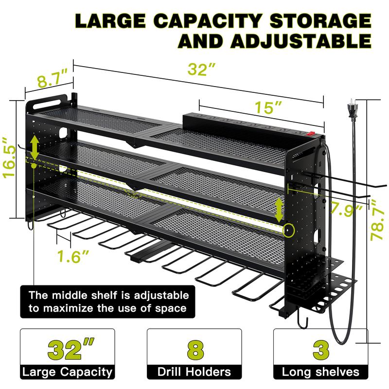 NattyDot Power Tool Organizer Wall Mount with Charging Station,Creator Recommendation Tool Rack, Cordless Tool Organizer 8 Drill Holder, 4 Layer Storage Rack for Garage Organization,Tool Holder with 8 Outlet Power Strip