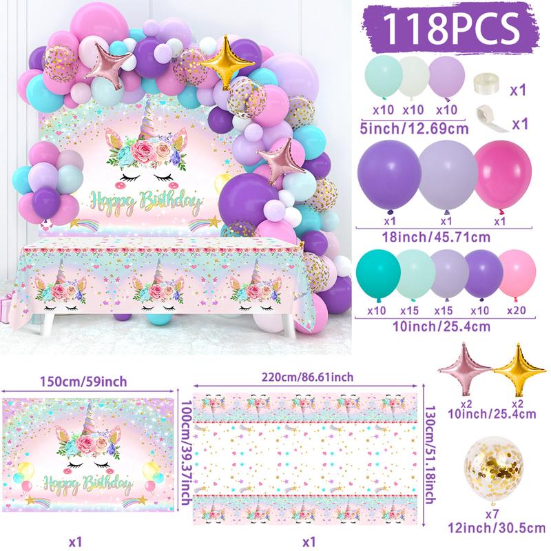 Unicorn Balloon Backdrop Tablecloth Set,118pcs Latex Balloon Unicorn Theme Happy Birthday Backdrop Tablecloth, Girls Women Birthday Party Decor