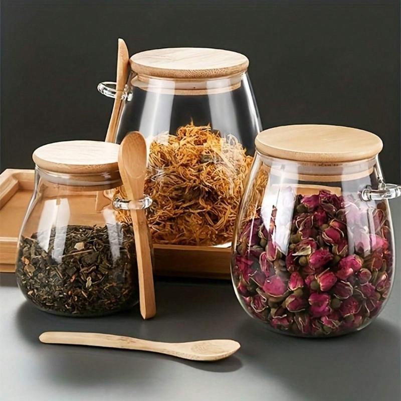 Clear Glass Storage Jar with Wooden Spoon, 1 Count Tea Coffee Bean Storage Jar, Household Storage Container for Home Kitchen