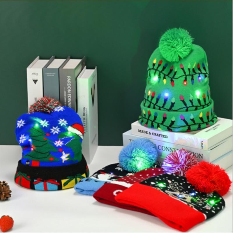 LED Light Up Christmas Pattern Knit Hat, 1 Count Unisex Winter Beanie Hat with Pom Pom, Festive & Party Supplies for Holiday Party