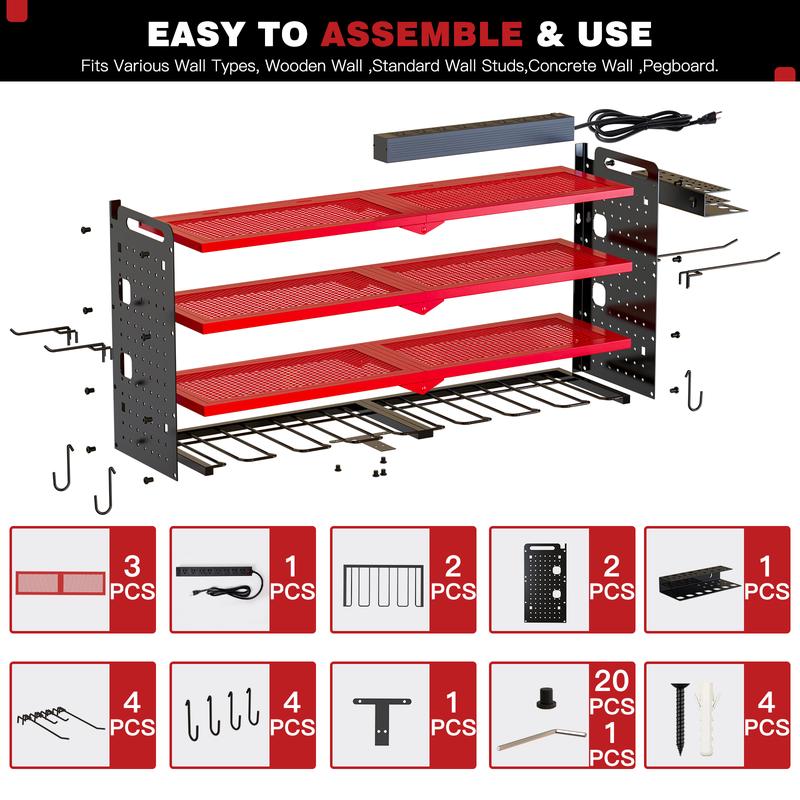 NattyDot Power Tool Organizer Wall Mount with Charging Station,Creator Recommendation Tool Rack, Cordless Tool Organizer 8 Drill Holder, 4 Layer Storage Rack for Garage Organization,Tool Holder with 8 Outlet Power Strip