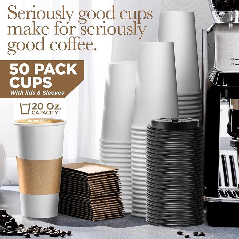 20 Oz Disposable Coffee Cups with Lids and Sleeves for Insulation (50 Pack) - To Go Paper White Coffee Cups for Travel, Hot Beverage Cups for Coffee, Tea, Hot Chocolate for Winter