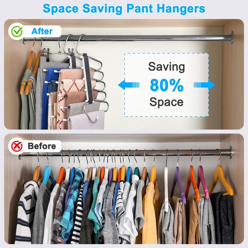 MECHEER 2 Pack Space Saving Pants Hangers with 5 Layers, Non-Slip Stainless Steel Jean Hangers for Closet Organizers and Storage Hanging