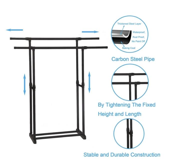 Double Rod Adjustable Rolling Clothes Rack with Lower Storage - High Quality Steel, Perfect for Laundry Rooms and Bedrooms