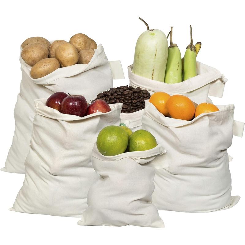 Reusable Produce Bags Cotton Washable - Organic Cotton Vegetable Bags - Cloth Bag with Drawstring - Muslin Cotton Fabric Produce Bags - Bread Bag - Set of 6 (2 Large, 2 Medium, 2 Small)