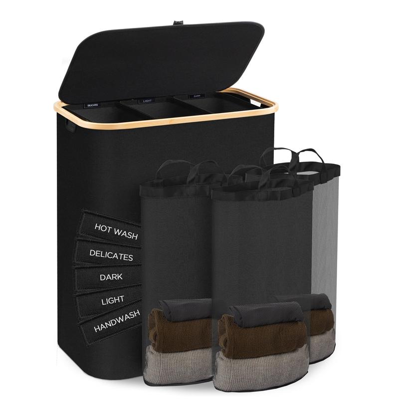 160L Laundry Hamper with Lid, Extra Large 3-Section Laundry Baskets with Bamboo Handles and Removable Laundry Bags, Foldable Clothes Hamper for Bedroom, Bathroom, Laundry Room, Black Organiser