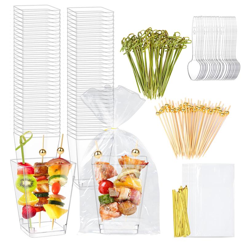 tchrules 50 Sets of Plastic Charcuterie Cups with Sticks Clear Appetizer Cups with Cocktail Picks Disposable Dessert Cups Fruit Cups for Party Wedding