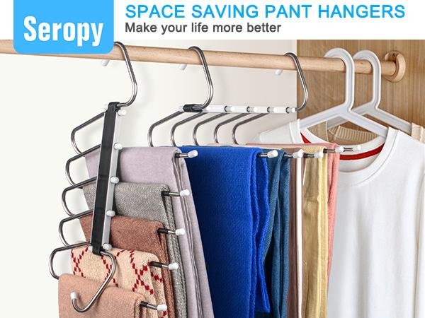 MECHEER 2 Pack Space Saving Pants Hangers with 5 Layers, Non-Slip Stainless Steel Jean Hangers for Closet Organizers and Storage Hanging