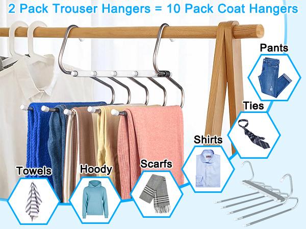 MECHEER 2 Pack Space Saving Pants Hangers with 5 Layers, Non-Slip Stainless Steel Jean Hangers for Closet Organizers and Storage Hanging