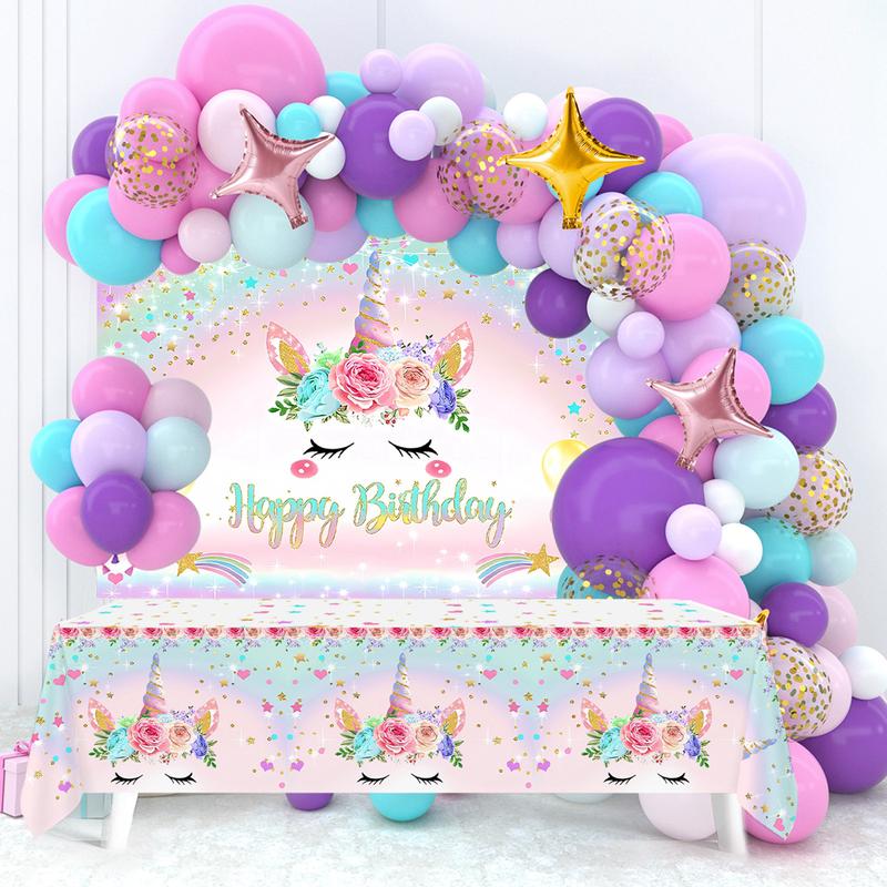 Unicorn Balloon Backdrop Tablecloth Set,118pcs Latex Balloon Unicorn Theme Happy Birthday Backdrop Tablecloth, Girls Women Birthday Party Decor