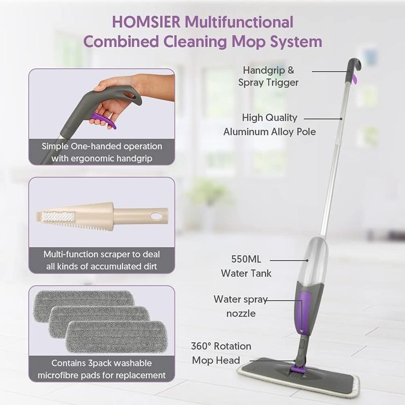 Spray Mop for Floor Cleaning  Microfiber Floor Mops Wet Dry Flat Mop with 550ML Refillable Bottle 3 Washable Pads Replacement, Dust Mop for Wooden Laminate Tile Marble Kitchen Hard Floors mop sepe rate cleananddirty water Pet Aluminium Hand Lightweight