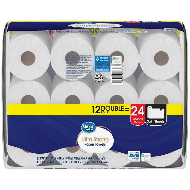 Great Value Ultra Strong Paper Towels, 12 Double Rolls