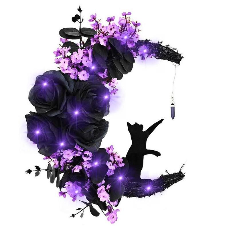 Cat Moon Wreath With Lights - Gothic Purple Decor with Crystal Accent & Black Cat, Black Cat Decor, Crystal Moon Wreath, Wooden Door Hanger, Fairy, Witchy Wall Decor