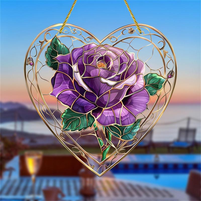 Rose Pattern Hanging Decor, 1 Count Acrylic Heart Shaped Sun Catcher, Hanging Ornament for Home, Ideal Housewarming Gift for Women