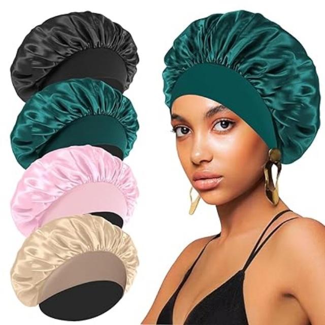 4PCS Silk Bonnet for Sleeping – Satin Hair Wrap Caps with Elastic Wide Band for Curly Hair, Shower Cap for Men and Women (Black, Peacock Blue, Pink, Khaki)