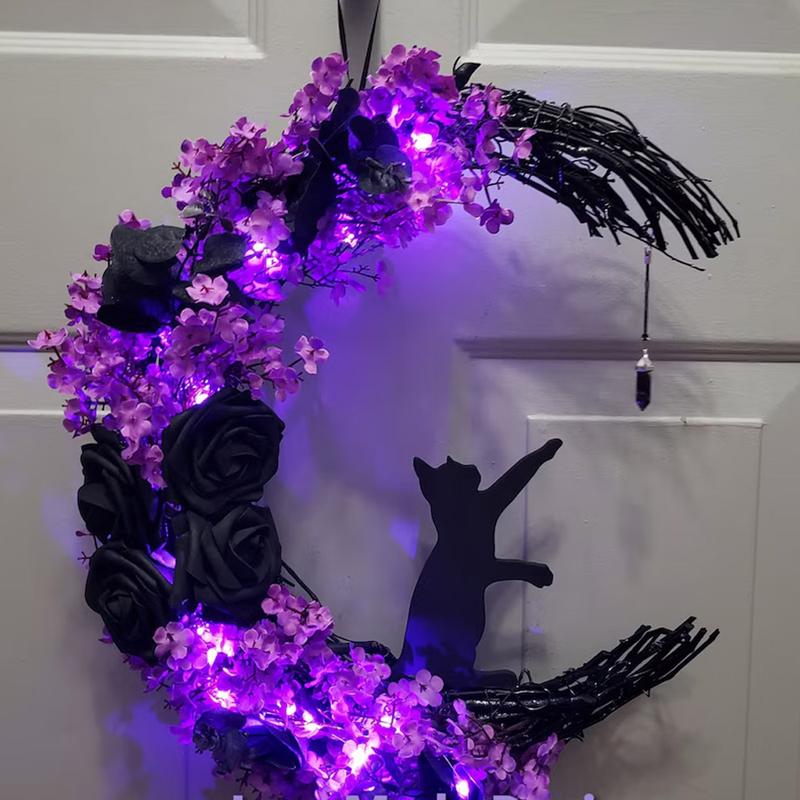 Cat Moon Wreath With Lights - Gothic Purple Decor with Crystal Accent & Black Cat, Black Cat Decor, Crystal Moon Wreath, Wooden Door Hanger, Fairy, Witchy Wall Decor