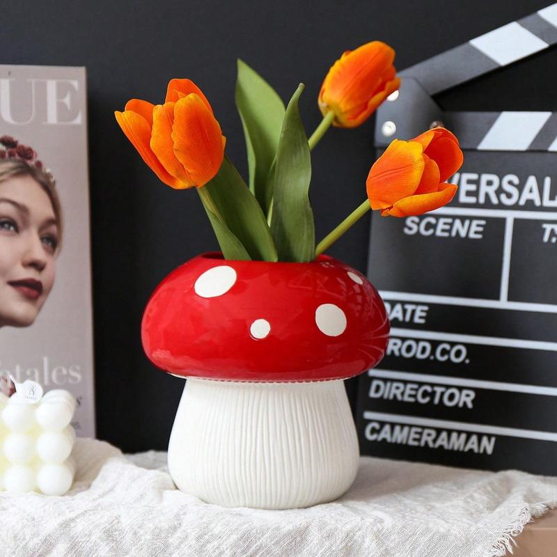 Mushroom Polka Dot Design Vase, 1 Count Creative Resin Flower Vase for Spring Decor, Stationery Storage Holder, Desktop Decorative Ornament for Home Living Room Bedroom Office