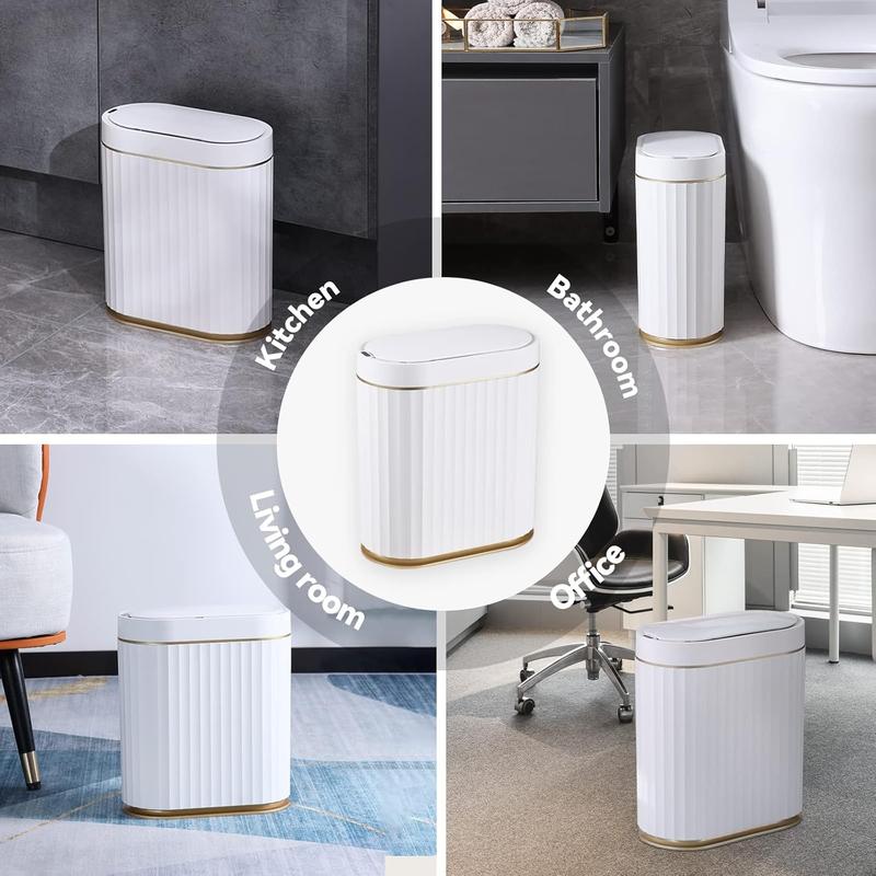 ELPHECO Automatic Motion Sensor Trash Can - 2 Gallon Slimline for Bathroom, Bedroom, Kitchen, Office - White with Gold Trim