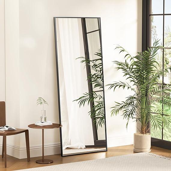 21 in. W x64 in. H Rectangular Full Length Mirror  Home DecorFull Length Mirror Standing Hanging or Leaning Against Wall, Large, Rectangle, Bedroom Wall-Mounted   Floor Dressing Mirror, Aluminum Alloy Thin Frame, Black, 64