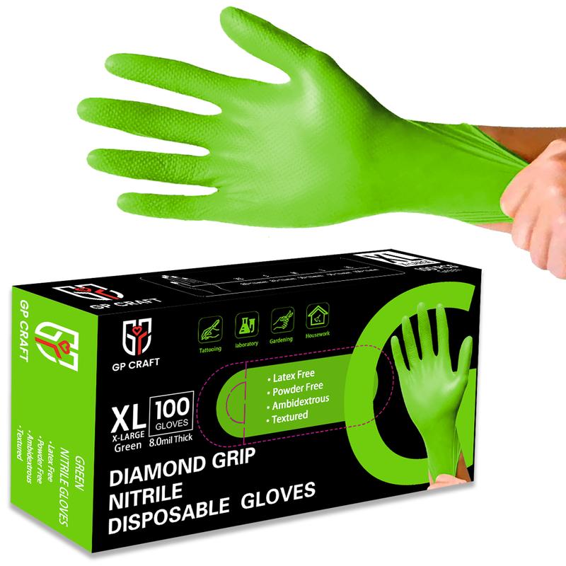 GP Craft 8Mil Green Color Diamond Textured Gloves for Automotive Plumbing & Hand Protection  Box Cleaning Industrial Cover