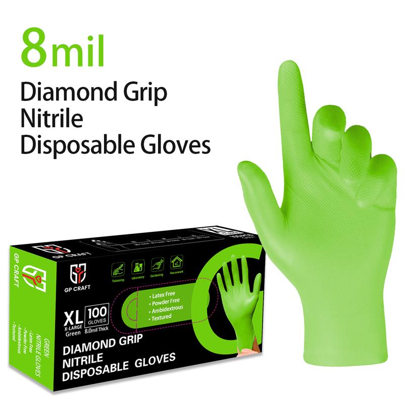 GP Craft 8Mil Green Color Diamond Textured Gloves for Automotive Plumbing & Hand Protection  Box Cleaning Industrial Cover