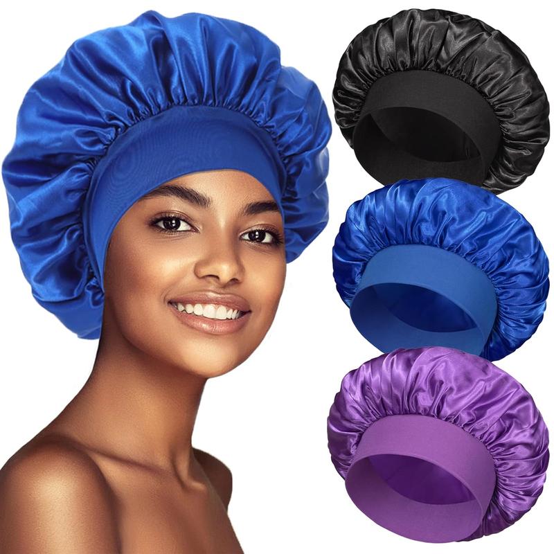 3 Pack Satin Bonnet Silk Bonnet for Sleeping, Bonnets for Black Women Bonnet for Sleeping Large Sleep Cap, Wide Soft Band Bonnet for Curly Hair