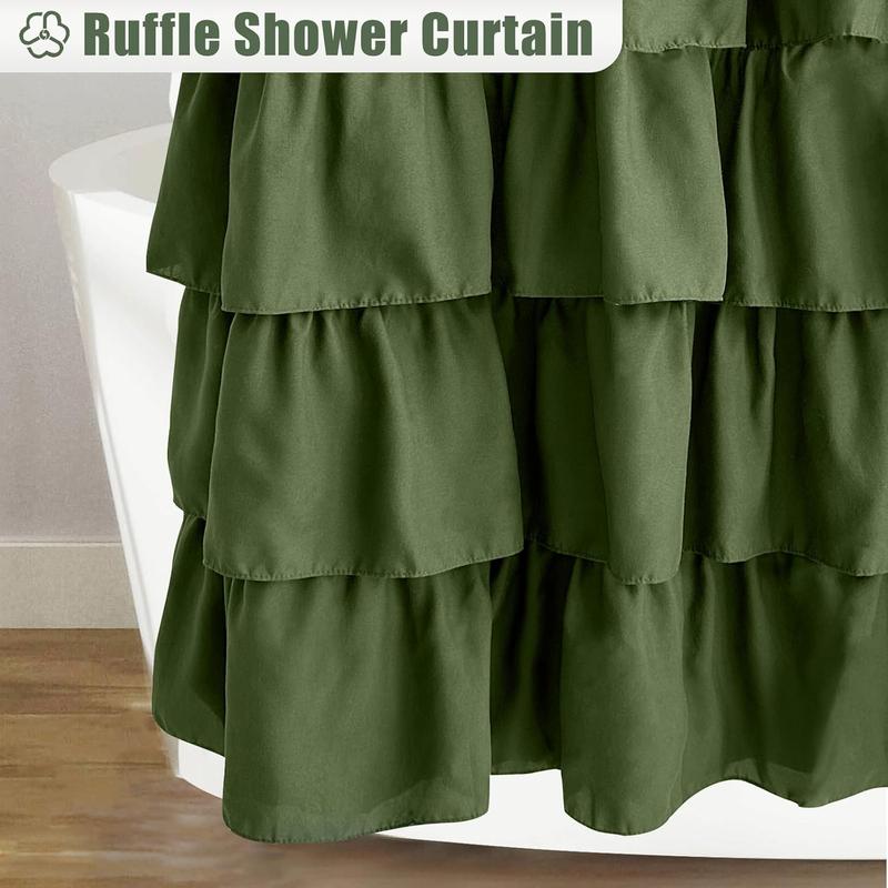 Black Ruffle Shower Curtain Farmhouse Style Black Fabric Shower Curtain Nature Button Shabby Chic Ruffles and French Country Style 72×72 (Black)