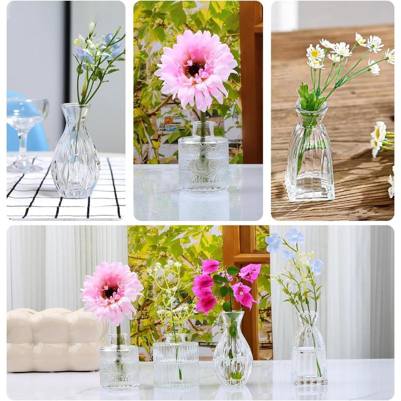 Glass Bud Vases Set of 4,Small Flower Vases for Wedding Centerpack Table Decorations,Clear Vintage Embossed Mini Vases,Flower Arrangements in Vases for Party or Home Decor