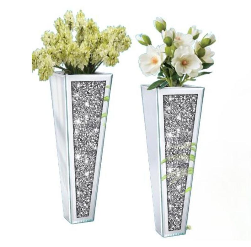 2 Pcs  Flower Vase Crushed Diamond Mirrored Hanging Planter& Geometric Decor Mirrored Container, Silver Decorative Mirror Vase Gift Glass Wood Ornaments