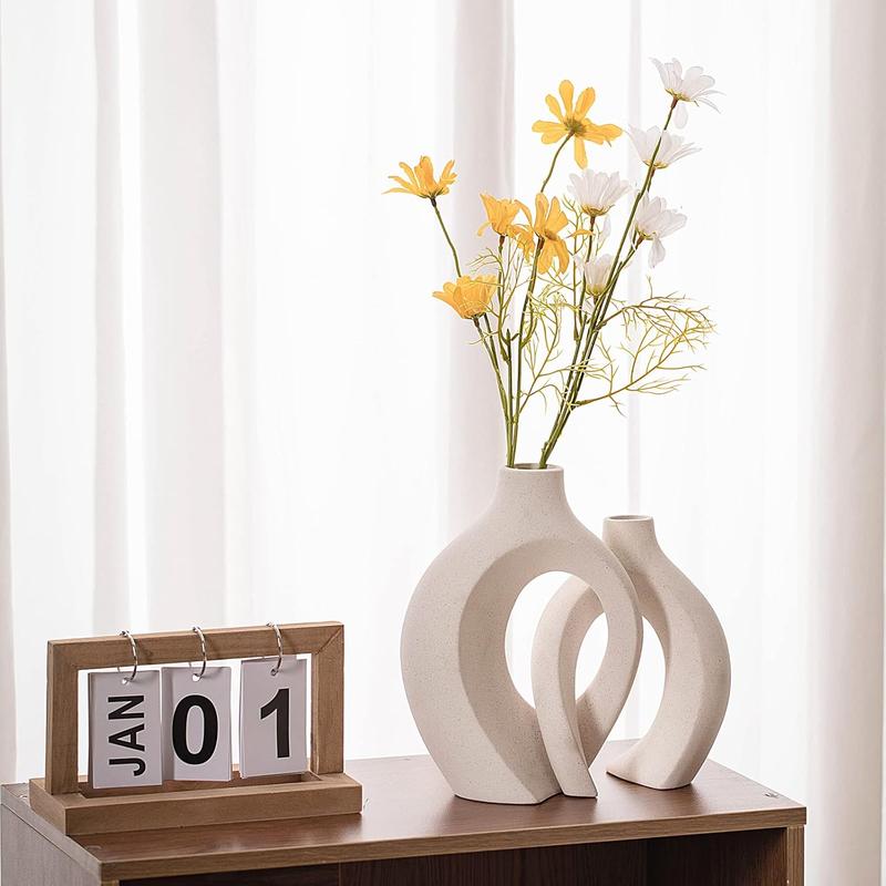 White Hollow Ceramic Vase Set of 2, Round Modern Vase for Minimalist Book Style Shelf Decor, Donut Boho Aesthetic Vases for Trendy Home Living Room Entryway Coffee Table Decorative