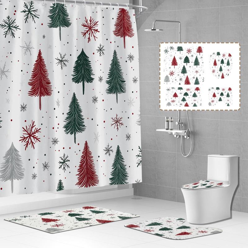 Christmas Tree & Snowflake Pattern Shower Curtain, 1 Count 4 Counts Waterproof Polyester Fabric Shower Curtain with Hooks, Bathroom Decoration Supplies for Home Hotel Salon