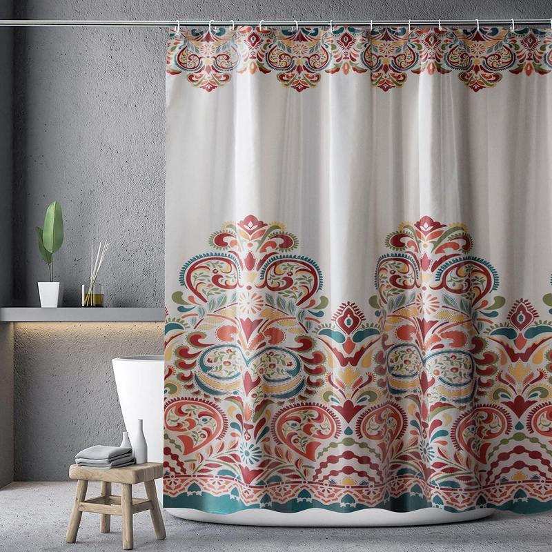 Flower Pattern Waterproof Bath Curtain, Polyester Bohemian Style Bathroom Decorative Curtain, Bathroom Accessories, Bathroom Decor, Home Decor, Bathroom Gadgets 2024, Christmas Decor, Fall Decor, Christmas Gifts, Christmas Decorations