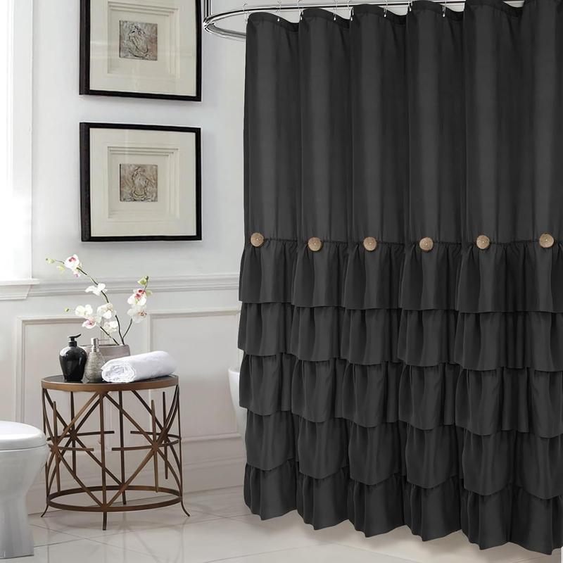 Black Ruffle Shower Curtain Farmhouse Style Black Fabric Shower Curtain Nature Button Shabby Chic Ruffles and French Country Style 72×72 (Black)