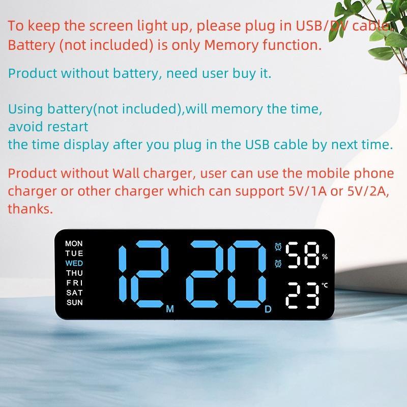 Digital Alarm Clock, 1 Count USB battery Powered Multi-functional Rectangular Date Temperature Humidity Display Alarm Clock, Home Decor Clock for Living Room Bedroom Office School(without Battery)