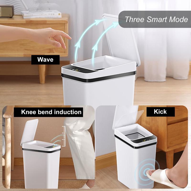 2 PACK - 2.5 Gallon Smart Trash Can Sensor Motion Slim Touchless Bathroom Trash Can - Skinny Trash Bin with Lid - Electric, Narrow, Plastic, Auto Open - Small Automatic Garbage Can (White)