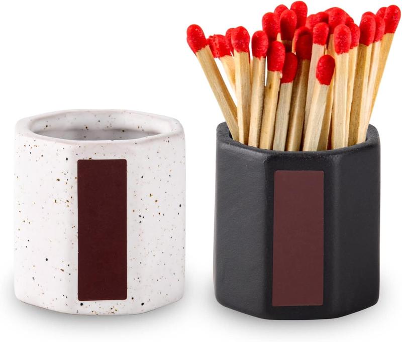 2 Packs Match Holder With Striker Anise Match Striker For Decorative Black and White  For Candles Bathroom  In A Jar With Striker Match Cloche Matchstick Holder ( NOT Included)