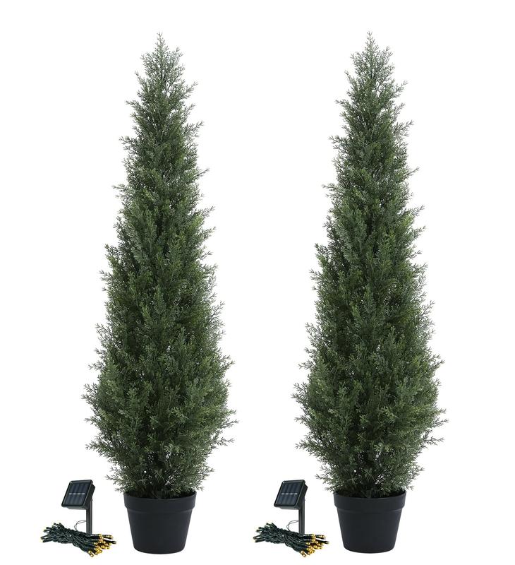 2-Pack 4ft Artificial Cedar Topiary Trees with Solar Lights – UV-Resistant Faux Cypress Plants for Outdoor and Front Porch Decor, Perfect Housewarming Gift