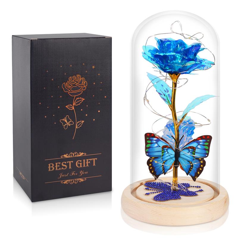 DEEMEI Birthday Gifts for Women Eternal Flower Light Up Rose in Glass Dome with Butterfly, Christmas Valentine's Anniversary for Her Mom Girlfriend