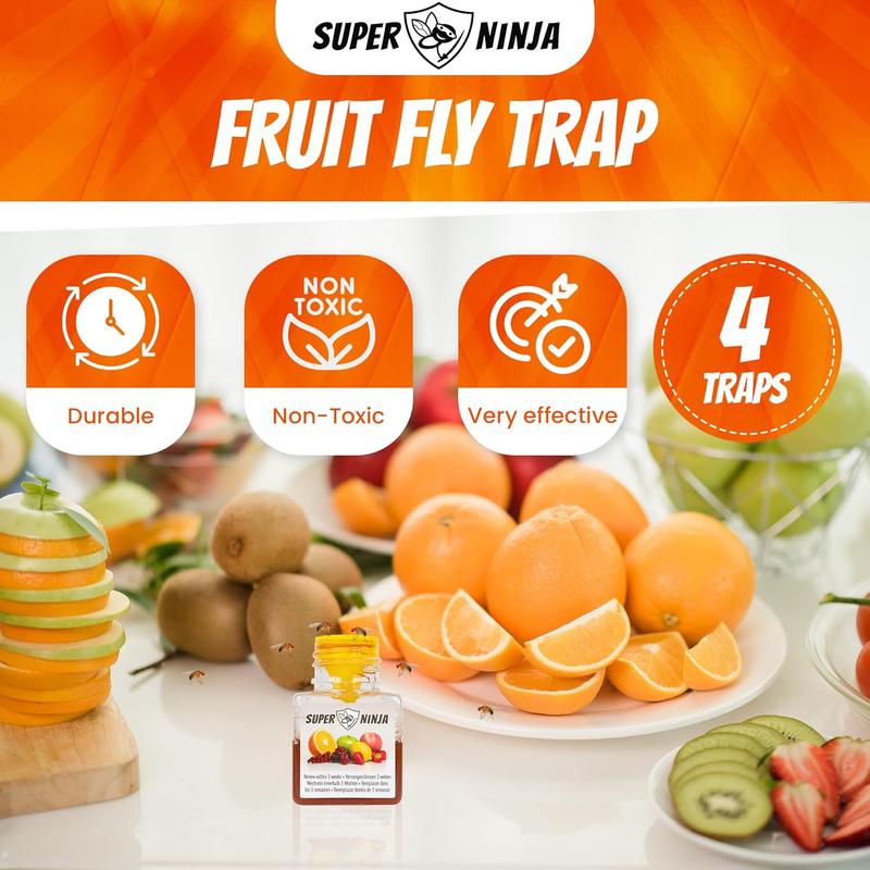 Super Ninja Fruit Fly Traps for Indoors - 4 Traps - Highly Effective Eco-Friendly Fruit Fly Catcher for Indoors - Pet and Child Safe - Up to 3 Weeks per Bottle