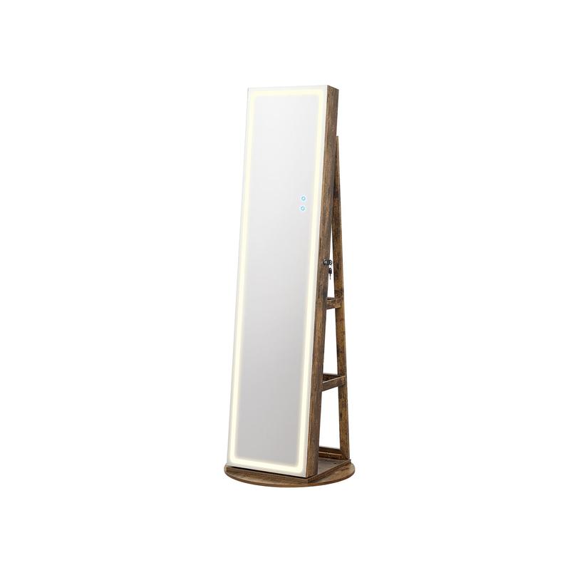 SONGMICS LED Mirror Jewelry Cabinet Standing with Full-Length Mirror and Adjustable LED Lights Rustic Brown UJJC008X01