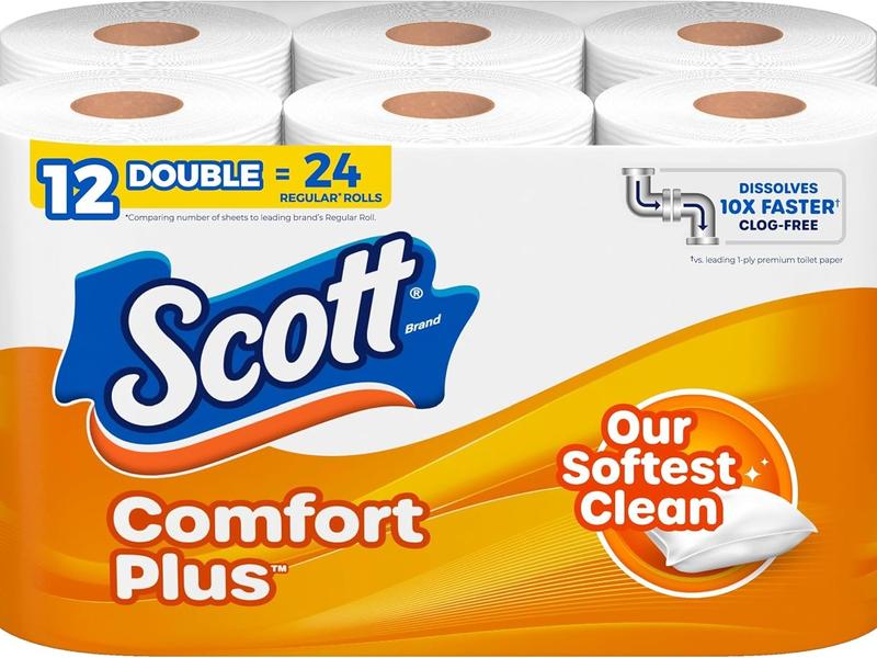 Scott Comfort Plus Toilet Paper, 12 Double Rolls, 231 Sheets per Roll, Septic-Safe, 1-Ply Toilet Paper Tissue