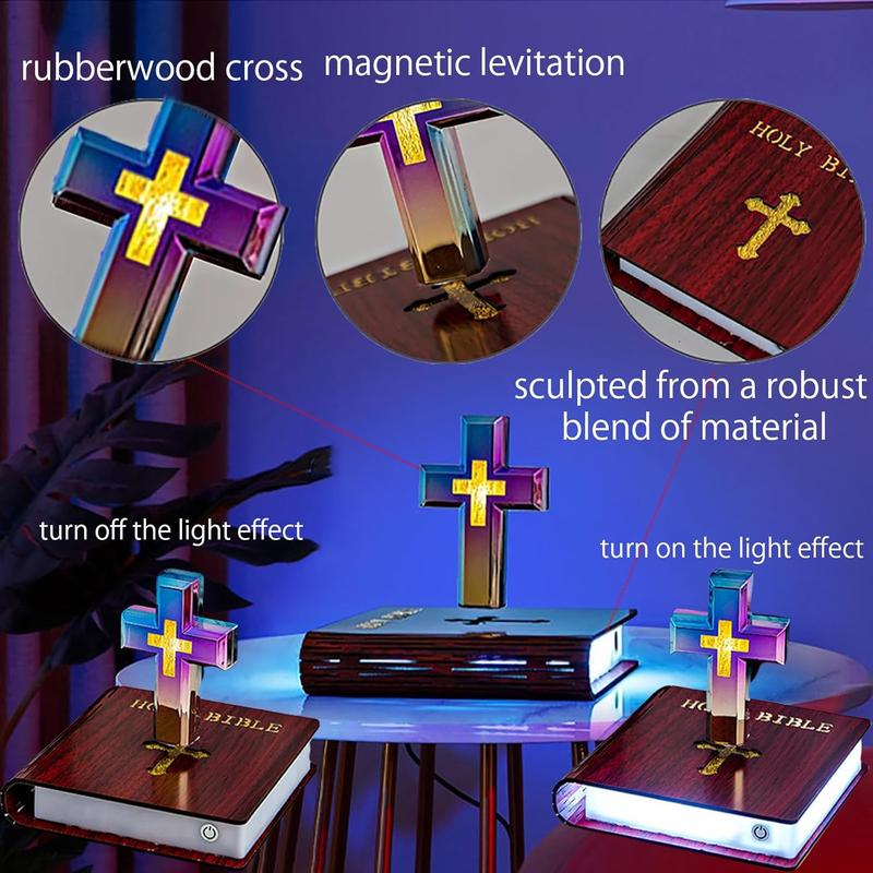 Levitating Cross Lamp Floating Bible Night Light Colorful Magnetic Levitation Cross Ornament Glowing Cross Light Home Desk Decoration