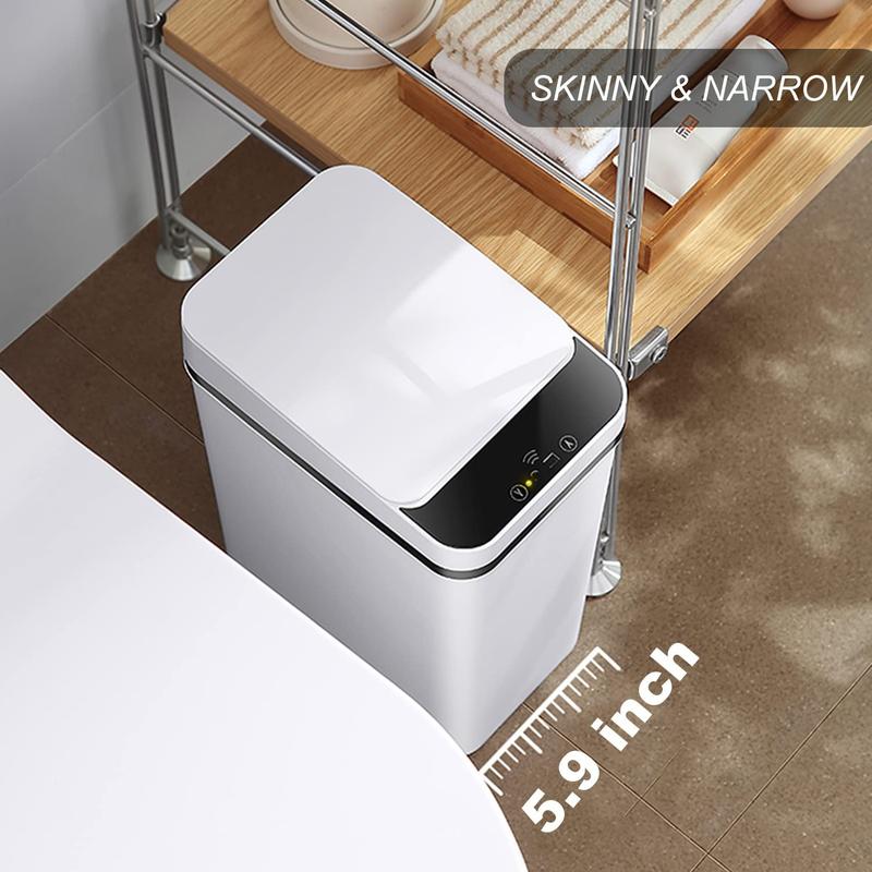 2 PACK - 2.5 Gallon Smart Trash Can Sensor Motion Slim Touchless Bathroom Trash Can - Skinny Trash Bin with Lid - Electric, Narrow, Plastic, Auto Open - Small Automatic Garbage Can (White)