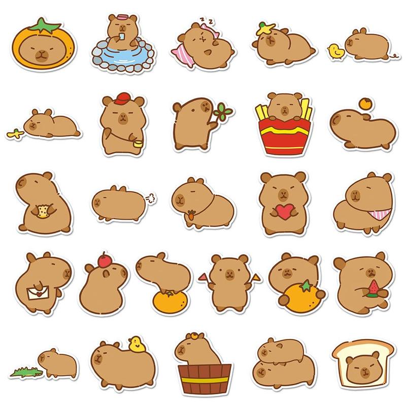 Cartoon Capybara Pattern Sticker, 50pcs set Waterproof Self Adhesive Decor Paper, Decor Sticker for Gift Greeting Card & Water Bottle & Laptop