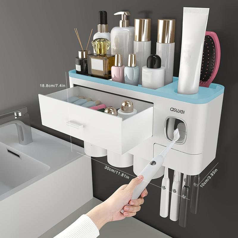 Wall Mounted Toothbrush Holder, 1 Count Large Capacity Toothbrush Storage Rack with Toothpaste Dispenser, Home Organizer for Bathroom Accessories