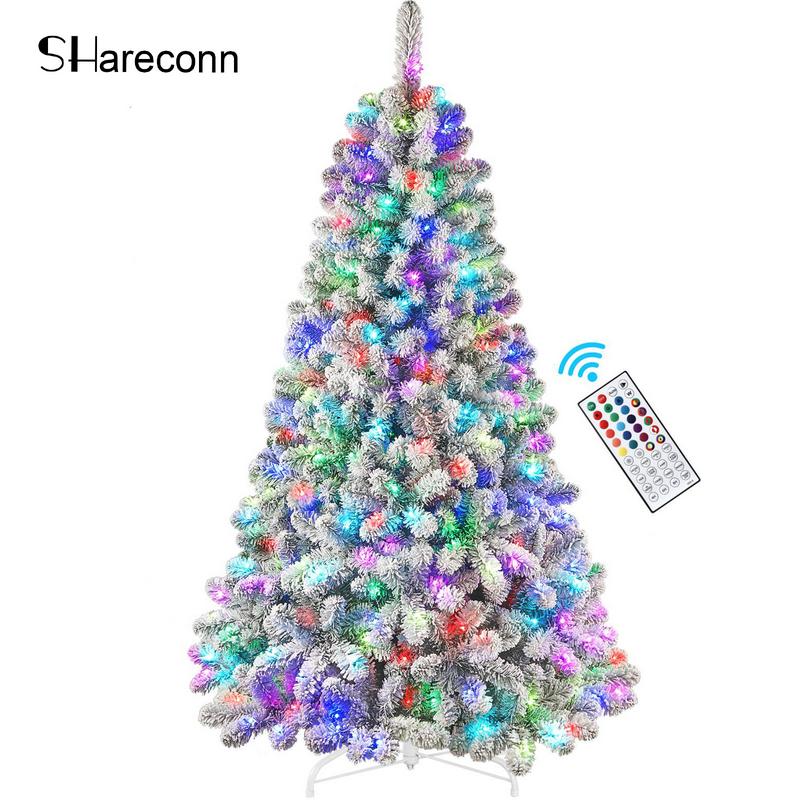 Live Only SHareconn 2024 Pre-Lit Snow Flocked RGB Lights Christmas Tree, 4 5 6 7.5FT with Remote Control, Multi-Color Lights, Xmas Decor