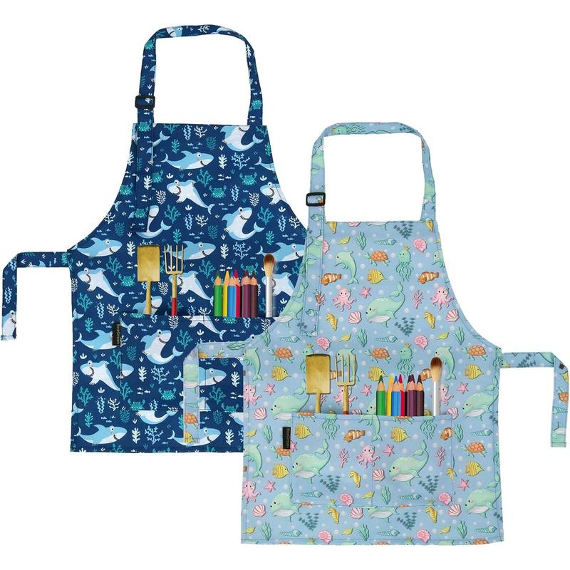 Shark Whale Apron 2 Pack Cooking Aprons with Adjustable Strap  Kitchen Aprons with Front Pocket for Girls  Painting Baking Artist Washable Foldable Lightweight