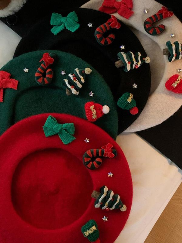 Cute Christmas Themed Patched Design Beret, Fashionable Soft Comfortable Beret for Women & Girls, Casual Trendy Accessories for Party & Daily Clothing Decor